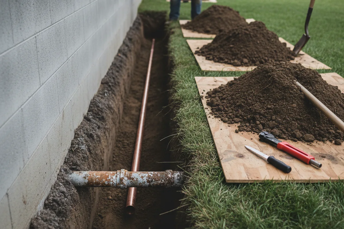 Excavated water line trench during Sewer Line Repair in Goodwell